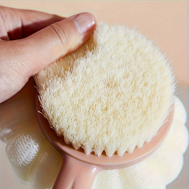 Long Handle Dual-Sided Bath Brush - Non-Electric Exfoliating Back Scrubber & Loofah Combo for Gentle Light Beige Cleansing & Dead Light Beige Removal - Durable Plastic Ergonomic Design for Men & Women - Bathroom Essentials, Body Scrub Tool | Textured