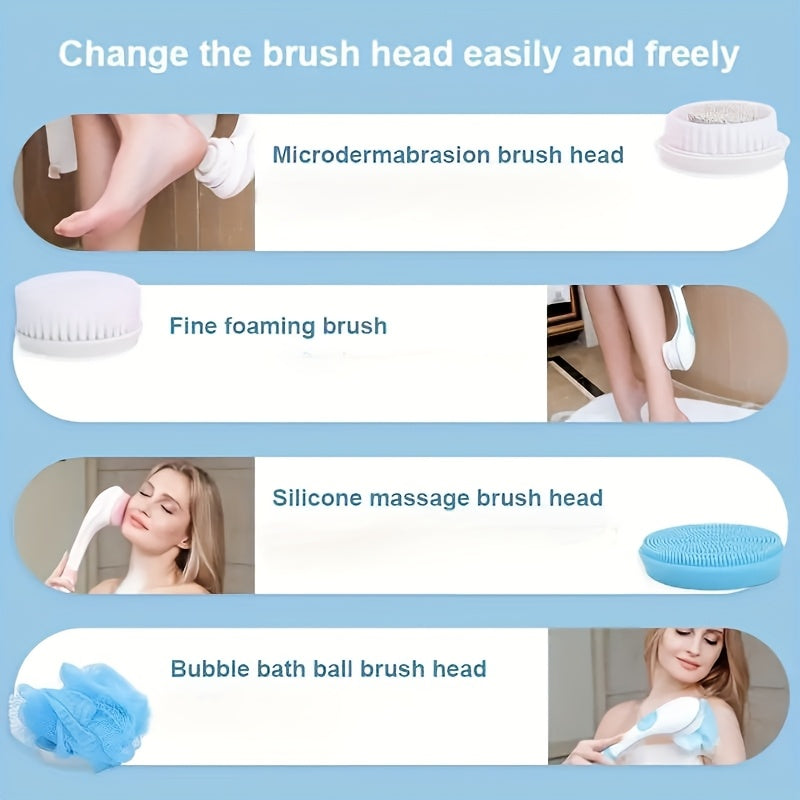 5-in-1 Electric Shower Brush Set, Body Cleansing Exfoliating with Detachable Long Handle for Back Scrubbing and 1200mAh Battery