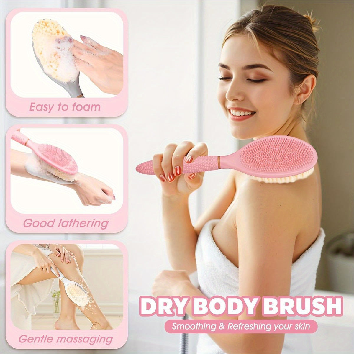 18, 9" Anti-Slip Corn-Handle Shower Back Scrubber with Large Brush Head & Soft Bristles - 3-in-1 Bath Brush for Lathering Cleansing, Gentle Exfoliating & Deep Cleaning, Ergonomic Design for Back, Arms, Legs - Pink, No Battery Needed, Shower Scrubber, Back