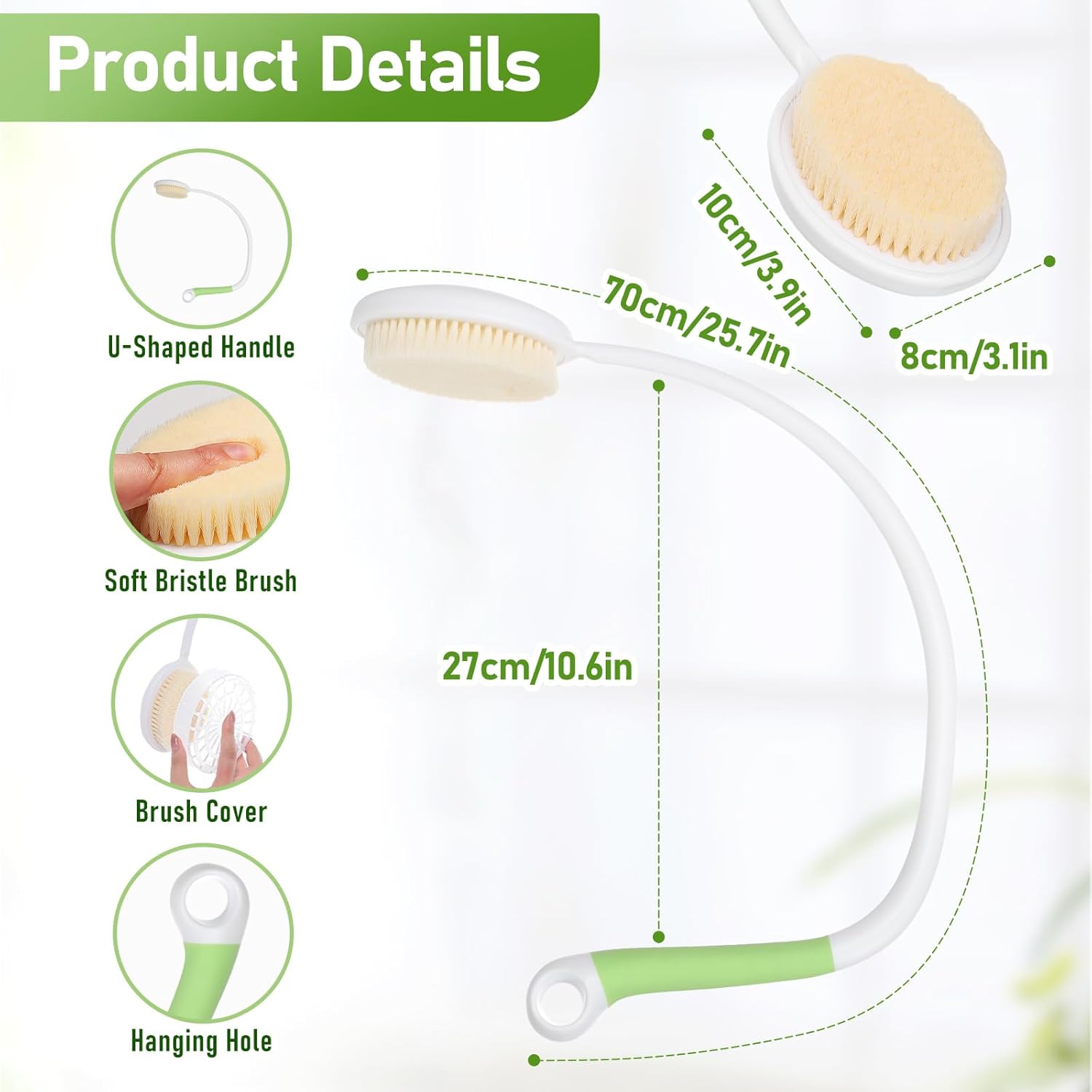 27, 5" Long Handle Shower Brush with Curved Design - Soft Body Scrubber for Wet or Dry Use, Ergonomic Back Scrubber for Hard-to-Reach Areas, Gentle Exfoliating Brush for Bathroom & Shower, No Battery Needed, Shower Scrubber, Curved Handle, Durable