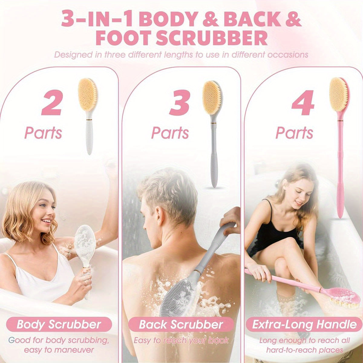 18, 9" Anti-Slip Corn-Handle Shower Back Scrubber with Large Brush Head & Soft Bristles - 3-in-1 Bath Brush for Lathering Cleansing, Gentle Exfoliating & Deep Cleaning, Ergonomic Design for Back, Arms, Legs - Pink, No Battery Needed, Shower Scrubber, Back