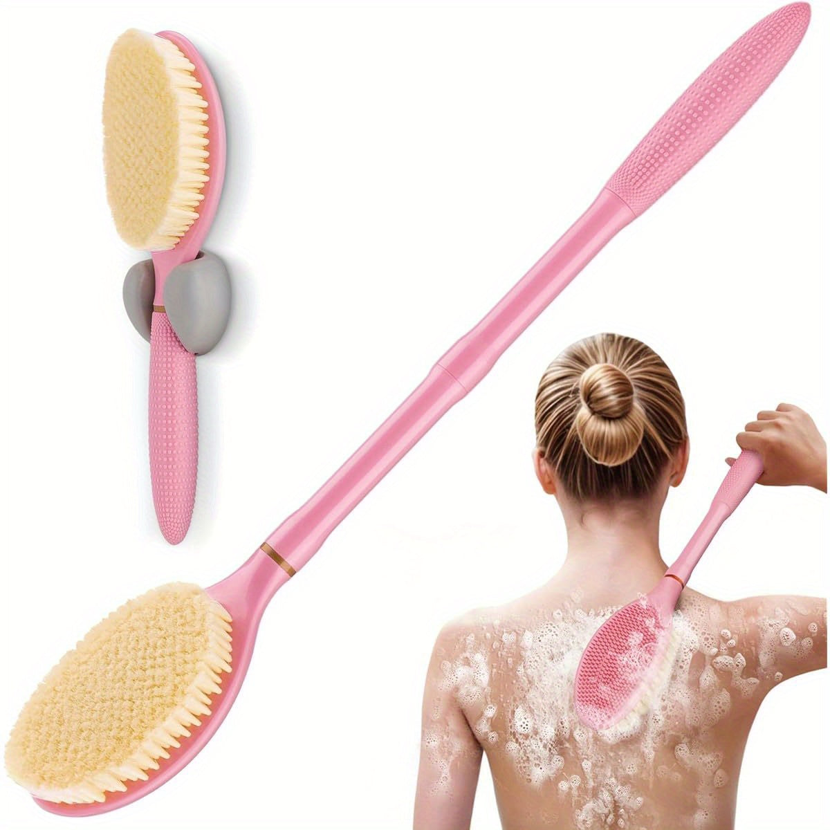 18, 9" Anti-Slip Corn-Handle Shower Back Scrubber with Large Brush Head & Soft Bristles - 3-in-1 Bath Brush for Lathering Cleansing, Gentle Exfoliating & Deep Cleaning, Ergonomic Design for Back, Arms, Legs - Pink, No Battery Needed, Shower Scrubber, Back