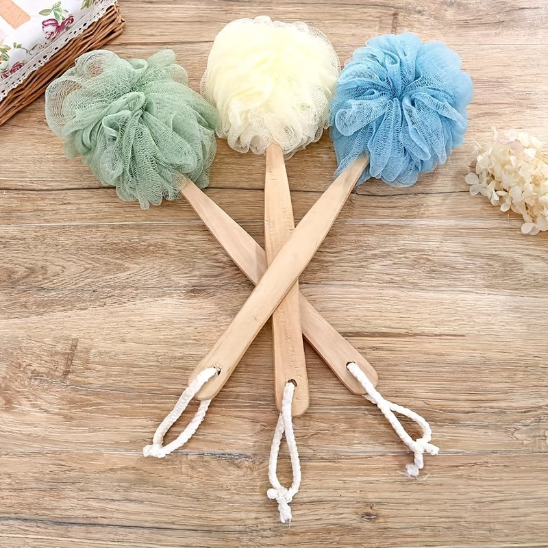 1pc Long Handle Bath Sponge, Large Exfoliating Shower Pouf, Manual Back Scrubber Brush, Unscented, No Battery Needed, Bath Exfoliation Tool | Pastel Bath Poufs | Durable Bath Sponge