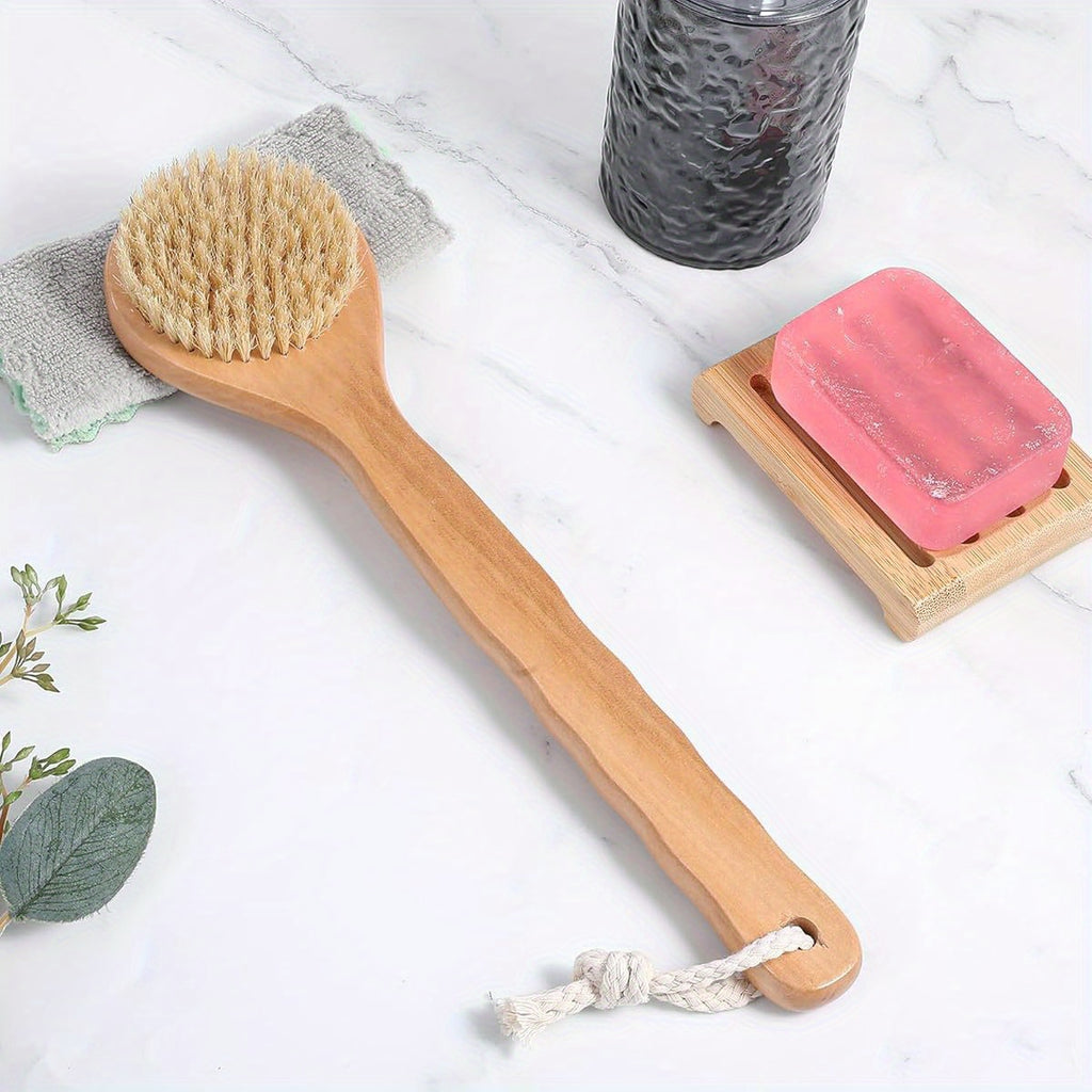1pc 12.6 Inch Long Handle Back Scrubber for Shower - Heavy-Duty Poplar Wood & Nylon Bristles Exfoliating Body Brush with Ergonomic Grip, Wet/Dry Use for Men & Women, Hard-to-Reach Areas, Bath & Shower Tool (Natural Wood Color, Lanyard-Compatible), Round