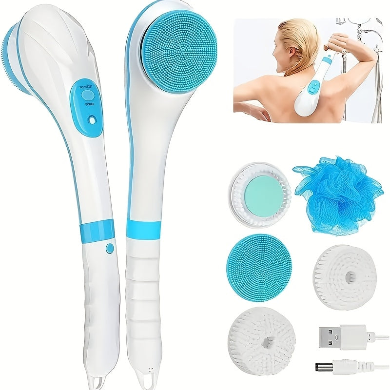 5-in-1 Electric Shower Brush Set, Body Cleansing Exfoliating with Detachable Long Handle for Back Scrubbing and 1200mAh Battery