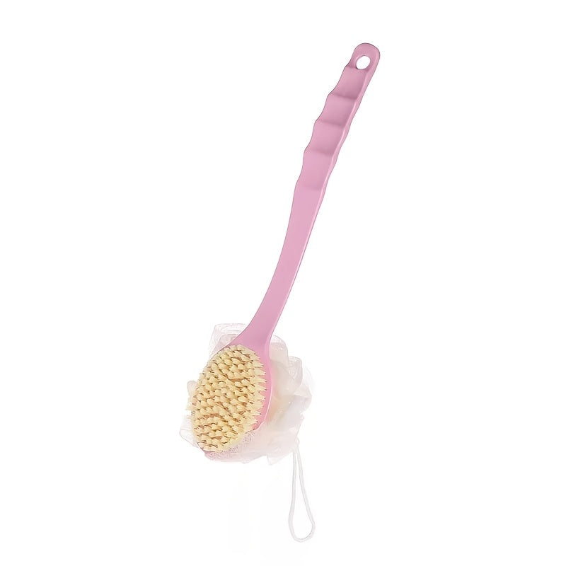 1pc Pink Dual-Ended 2-in-1 Scrubber & Body Massager - Soft Bristle Exfoliating Bath Brush with Ergonomic Long Handle for Back, Bath, Shower - Portable Bath & Body Care Tool, No Battery Needed, Dualuse Design