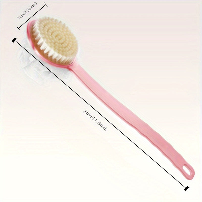 1pc Soft Bristle Long Handle Japanese Bath Brush - Multifunctional Dual-Exfoliating Back Scrubber with Ergonomic Grip, Suitable for Showering, Pink and White Bristles, Gentle Cleansing & Reaching Hard-to-Touch Areas, Exfoliation Tool | Comfortable Grip
