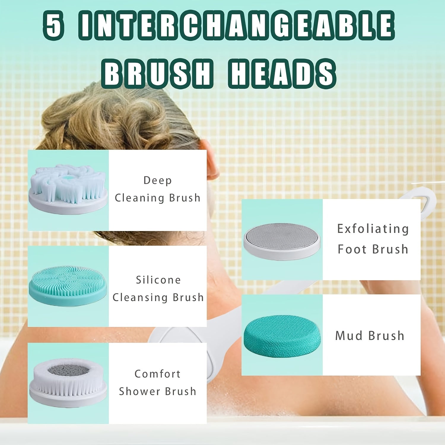 6-in-1 Electric Shower System with Dual Massage & Exfoliating Attachments - Rechargeable Full Body Massager, Rotating Facial Brush Head, USB-Powered Bath & Spa - Ideal Gift for Women & Men (Turquoise/Black) - Compatible with USB-C Devices - Includes Long