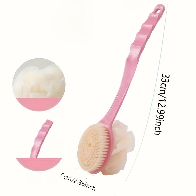 PGM 2-in-1 Soft Bristle Exfoliating Shower Brush with Long Handle - Dual-Function Back Scrubber & Hair Care Tool, Easy to Clean, Pink & Blue, Flexible Bristles for Body and Hair, No Battery Needed, Manual Back Scrubber | Ergonomic Design | Durable Plastic