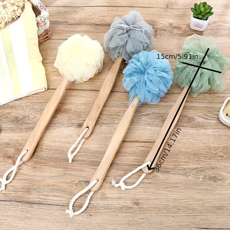 1pc Long Handle Bath Sponge, Large Exfoliating Shower Pouf, Manual Back Scrubber Brush, Unscented, No Battery Needed, Bath Exfoliation Tool | Pastel Bath Poufs | Durable Bath Sponge