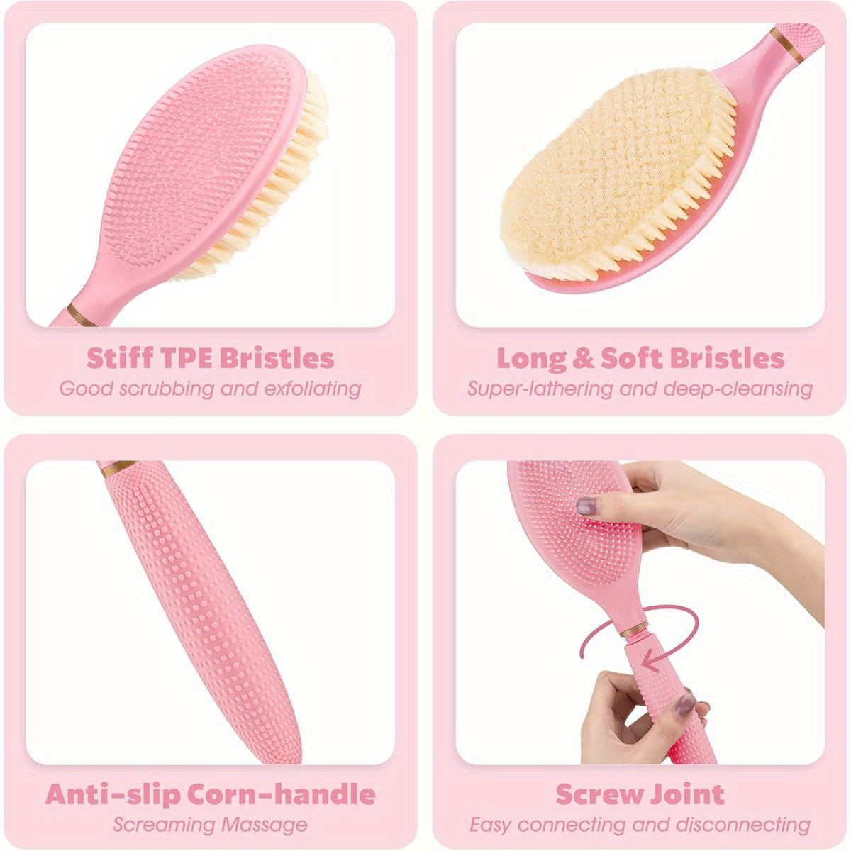 18, 9" Anti-Slip Corn-Handle Shower Back Scrubber with Large Brush Head & Soft Bristles - 3-in-1 Bath Brush for Lathering Cleansing, Gentle Exfoliating & Deep Cleaning, Ergonomic Design for Back, Arms, Legs - Pink, No Battery Needed, Shower Scrubber, Back