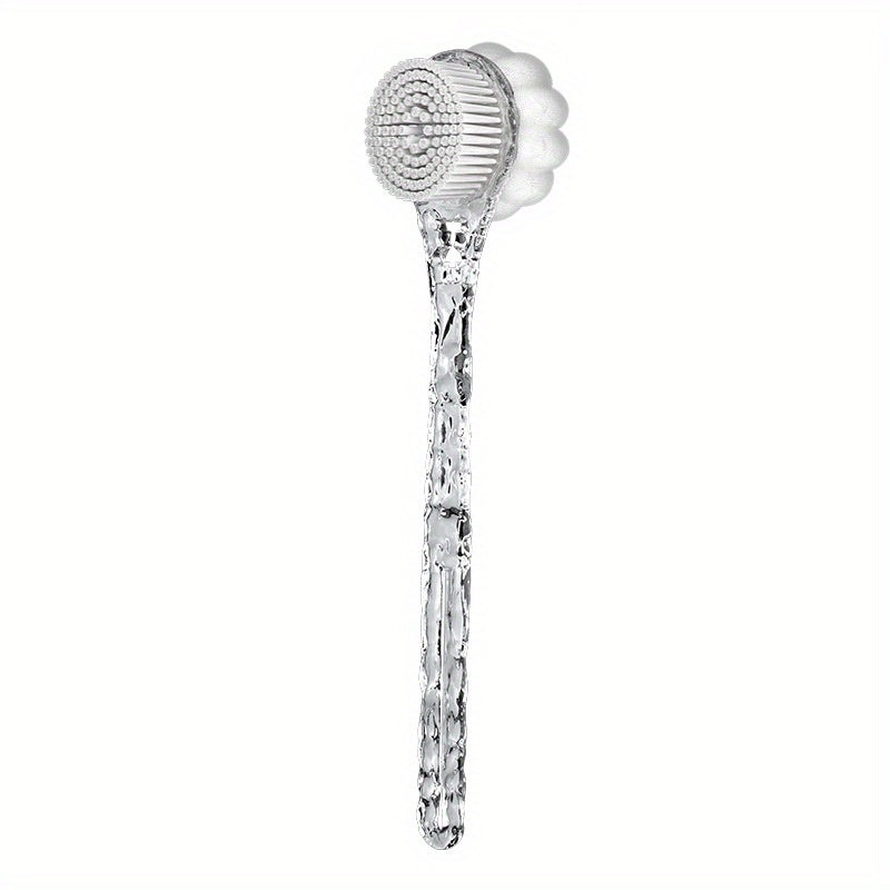 A Translucent Glacier Texture Bath Brush (2-In-1 Scrubber) That Allows You to Easily Scrub Your Back for Cleaning. It Features a Long Handle And Double-Sided Design, Perfect for Creating Foam And Removing Dirt, Making It a Convenient Choice for Bathing.
