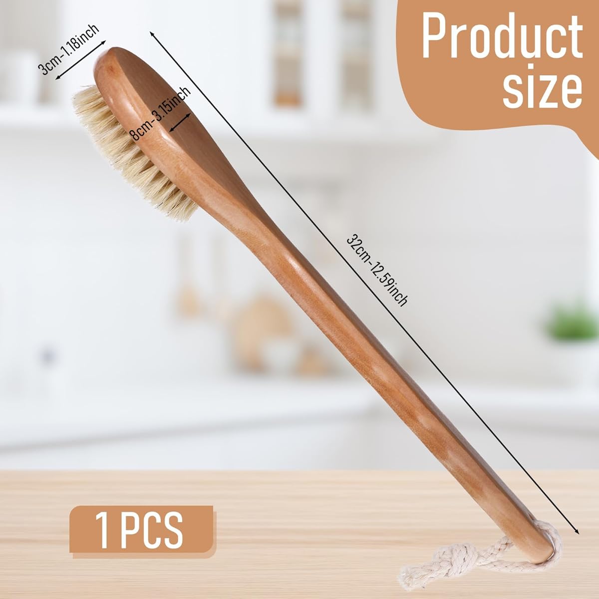1pc 12.6 Inch Long Handle Back Scrubber for Shower - Heavy-Duty Poplar Wood & Nylon Bristles Exfoliating Body Brush with Ergonomic Grip, Wet/Dry Use for Men & Women, Hard-to-Reach Areas, Bath & Shower Tool (Natural Wood Color, Lanyard-Compatible), Round