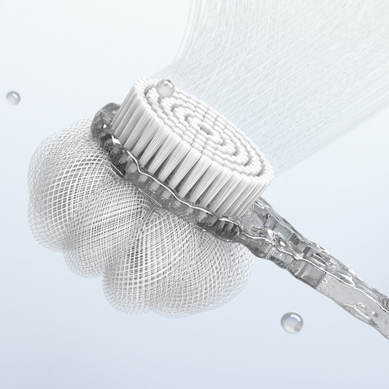 A Translucent Glacier Texture Bath Brush (2-In-1 Scrubber) That Allows You to Easily Scrub Your Back for Cleaning. It Features a Long Handle And Double-Sided Design, Perfect for Creating Foam And Removing Dirt, Making It a Convenient Choice for Bathing.