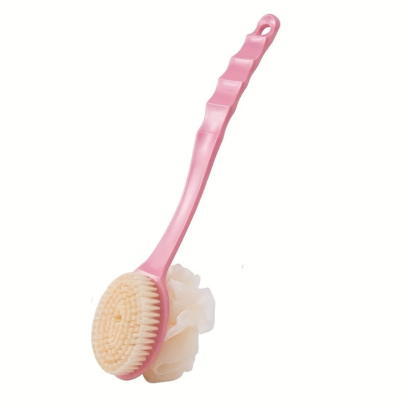 1pc Pink Dual-Ended 2-in-1 Scrubber & Body Massager - Soft Bristle Exfoliating Bath Brush with Ergonomic Long Handle for Back, Bath, Shower - Portable Bath & Body Care Tool, No Battery Needed, Dualuse Design