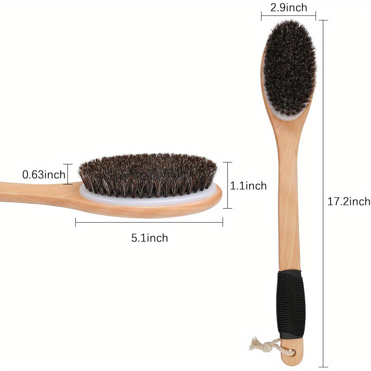 Natural Horsehair Bath Brush with Wooden Curved Long Handle - 17.2 Inch Antiskid Shower Scrubber for Exfoliating, Deep Cleanse Back & Body, Wet/Dry Use, Alcohol-Free, No Battery Needed, Ergonomic Design for Hard-to-Reach Areas, Shower Brush, Body
