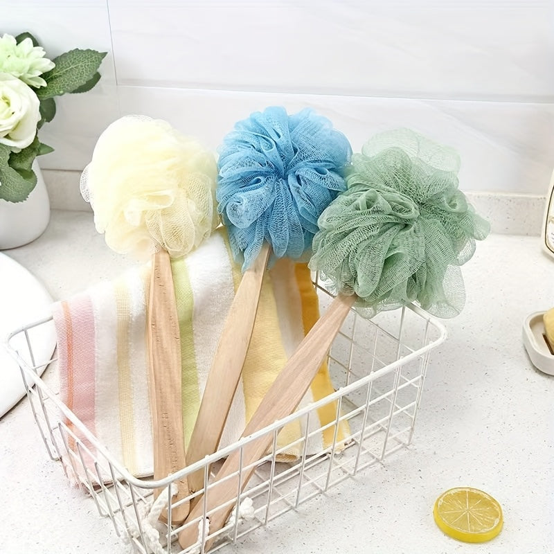 1pc Long Handle Bath Sponge, Large Exfoliating Shower Pouf, Manual Back Scrubber Brush, Unscented, No Battery Needed, Bath Exfoliation Tool | Pastel Bath Poufs | Durable Bath Sponge